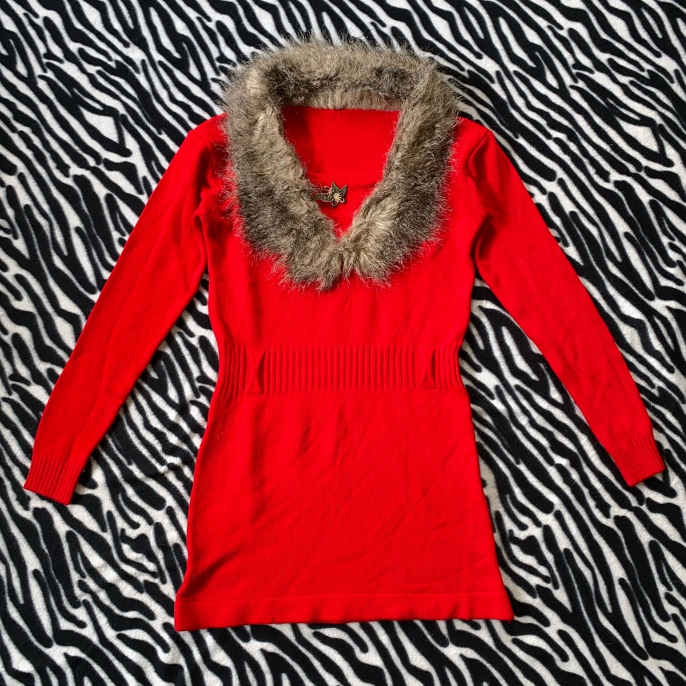 Red Sweater with Faux Fur Collar